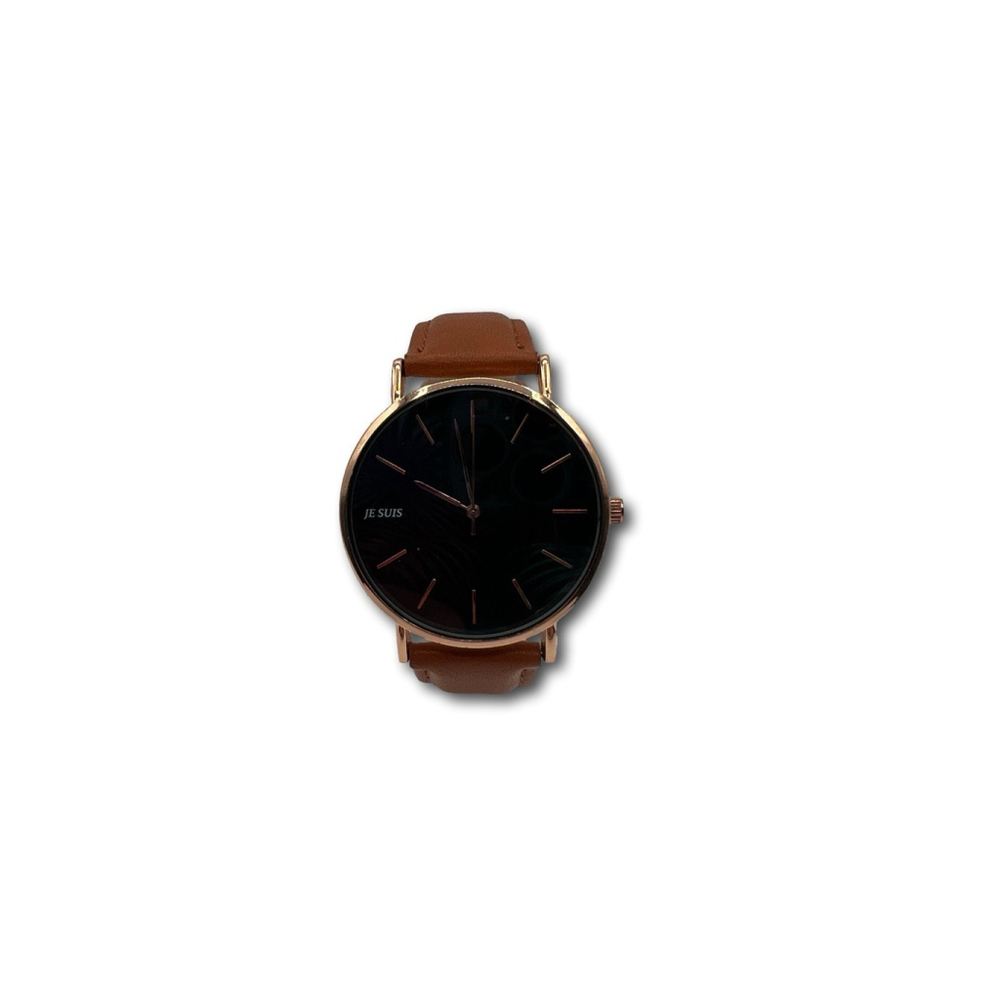 Men's Quartz Wrist Watch Black Dial Brown Leather Strap Not Tested JE SUIS